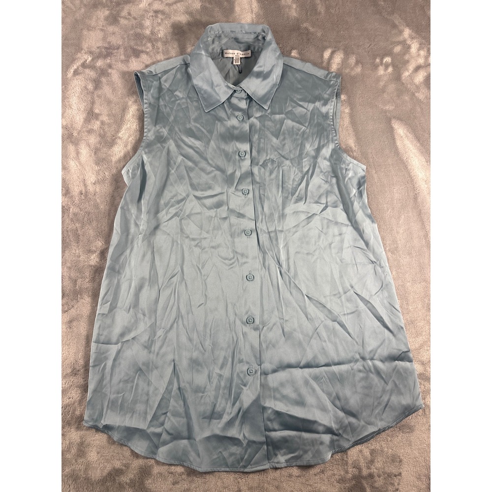 Maison d Amelie Paris Sleeveless Satin Button Down Blouse Light Blue XS